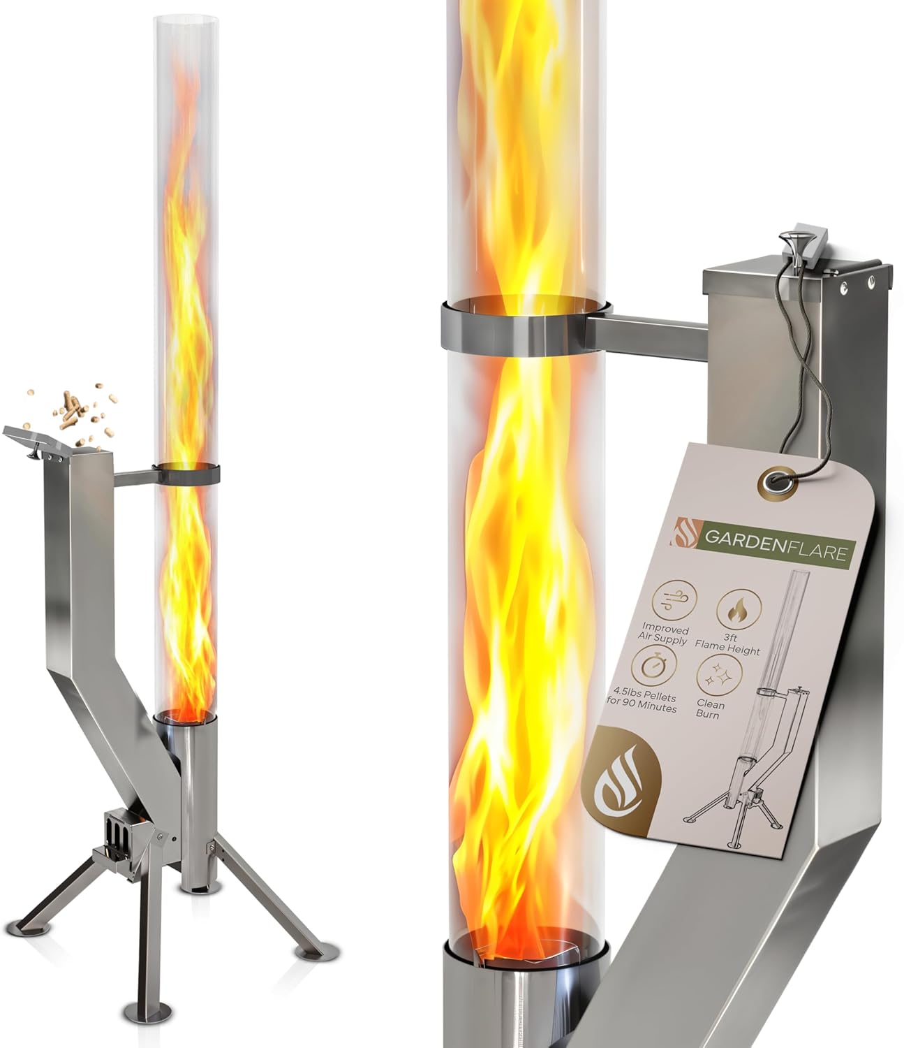 GARDENFLARE Smokeless Fire Pit - Outdoor Wood Pellet Fire Tube Stainless Steel firepit for Ambience Fire on Your Backyard, Patio, Porch & Garden (Matte Black, Classic)