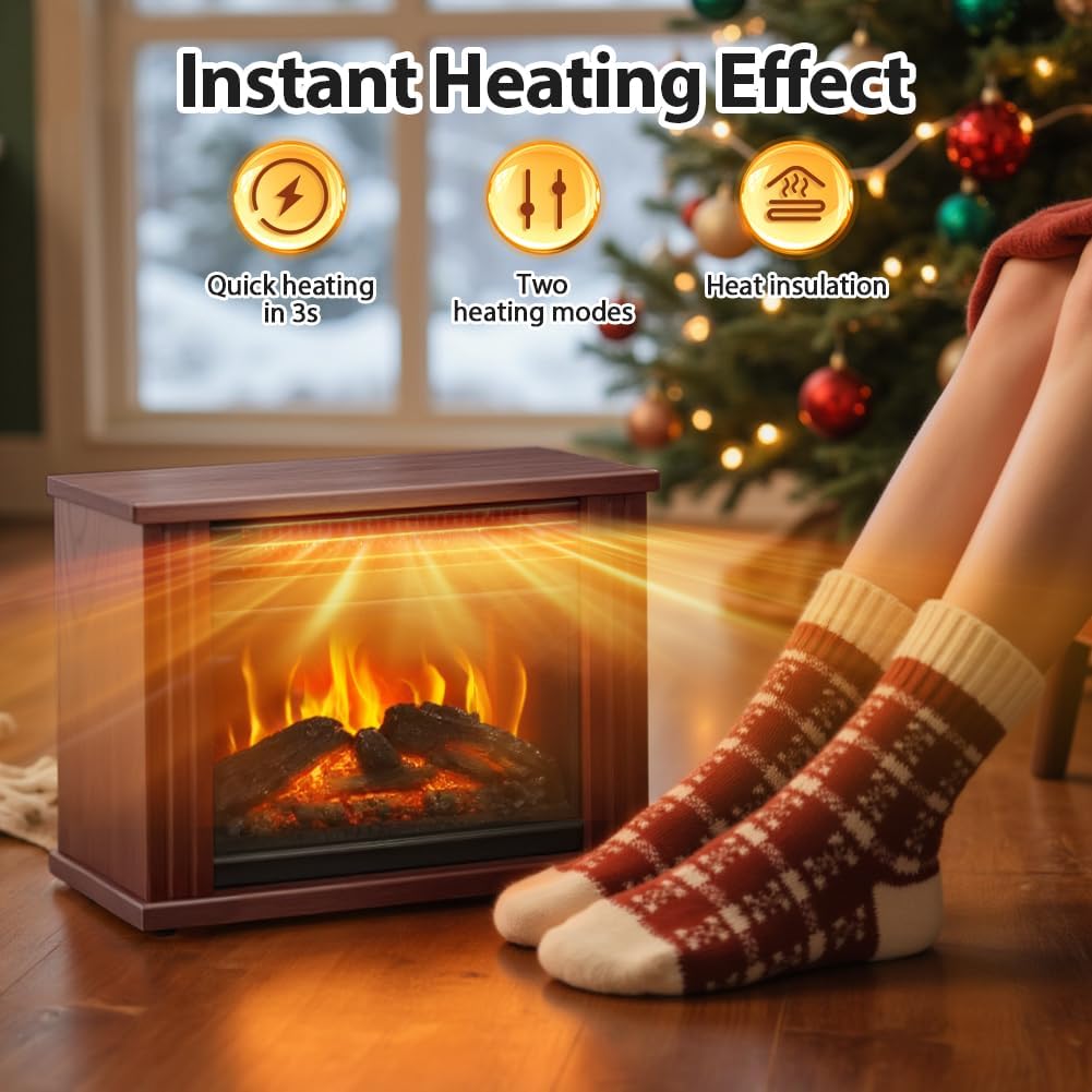 Small Electric Fireplace Heater, LifePlus Mini Wooden Space Tabletop Fireplace with 3D Realistic Flame Effect, Cool and Safe to Touch, Perfect for Study Bedroom Office, Overheating Protection, 1500W