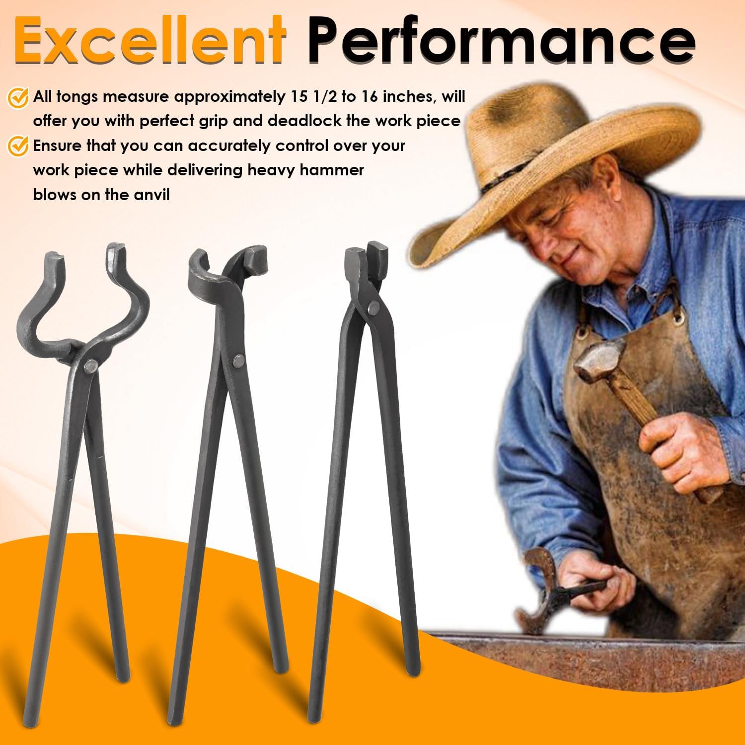 Blacksmith Tongs Knife Making Tongs Set 1/4 Flat Jaw, Pick Up, Scroll Tongs & 3/8 1/2 5/8 V-Bit Assembled Bladesmith Steel Forge Tongs Anvil Blacksmithing Tongs (6 Tongs)