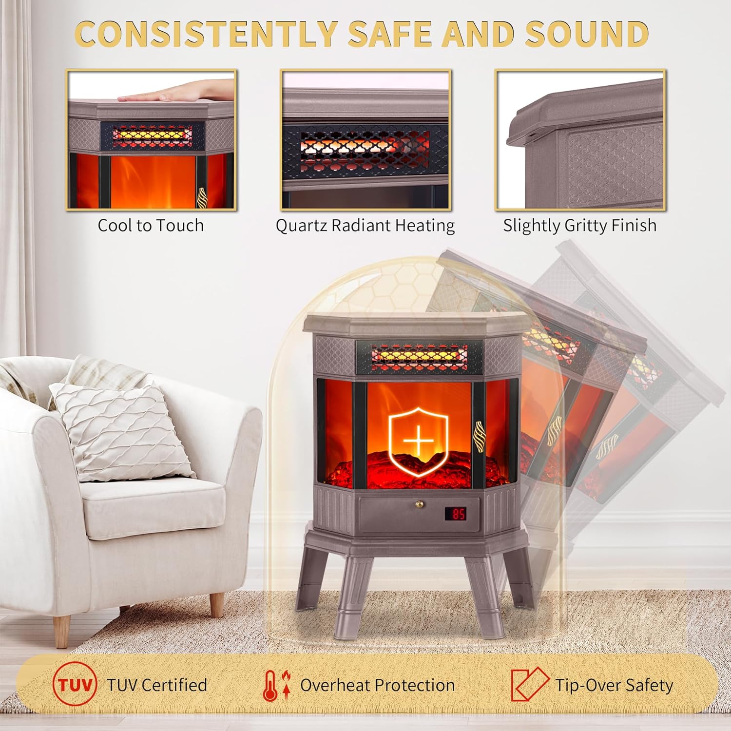 Electric Fireplace Heater 22 in Freestanding Fireplace Stove Infrared Fireplace RealSmart with 3D Flame Effect Remote Control, Timer, Overheating Protection Heater for Indoor Use Black