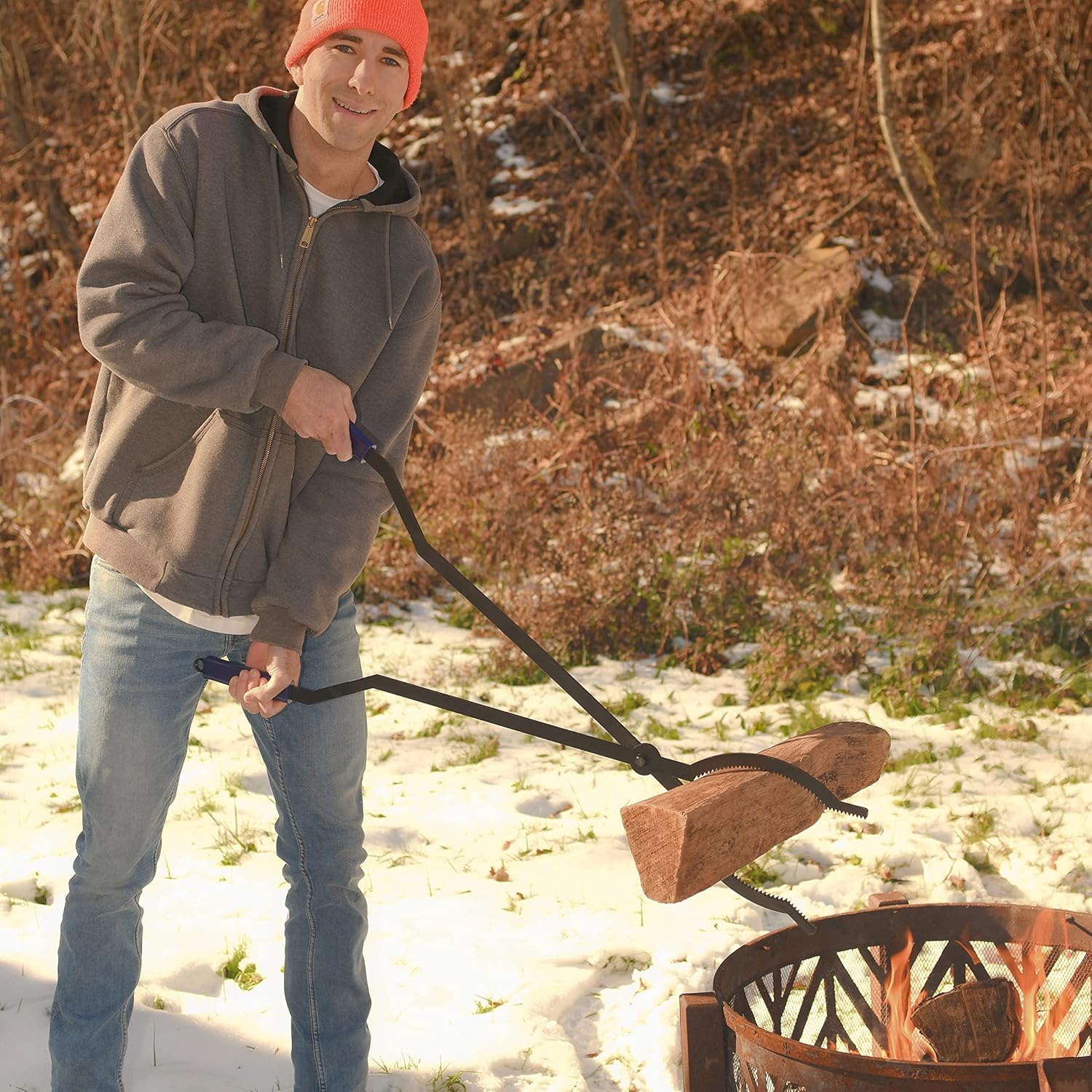 40 Fire Log Tongs Firewood Grabber and Fire Poker Set,Large Fire Pit Tool Outdoor/Indoor Bonfire Campfire Backyard Deck Camping Log Grabber Rustproof Safely Moves Firewood