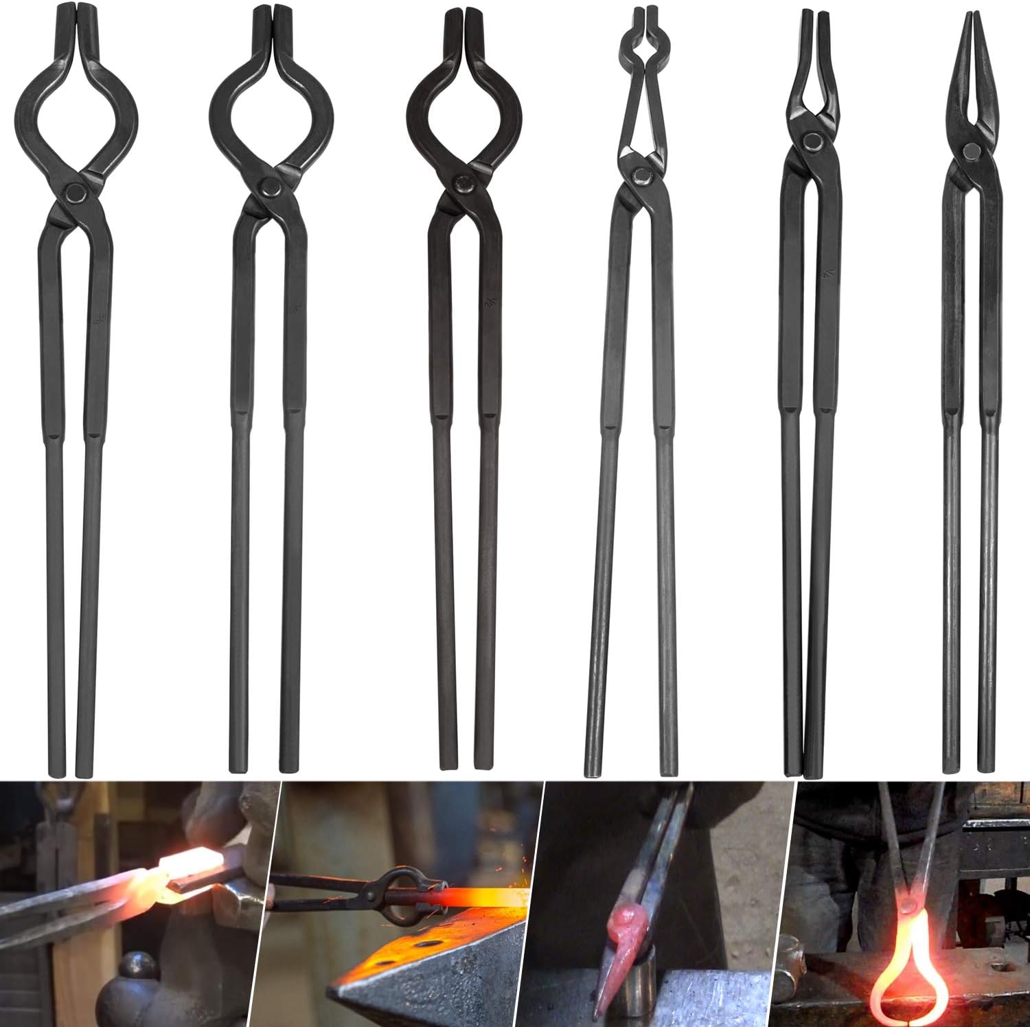 Blacksmith Tongs Knife Making Tongs Set 1/4 Flat Jaw, Pick Up, Scroll Tongs & 3/8 1/2 5/8 V-Bit Assembled Bladesmith Steel Forge Tongs Anvil Blacksmithing Tongs (6 Tongs)