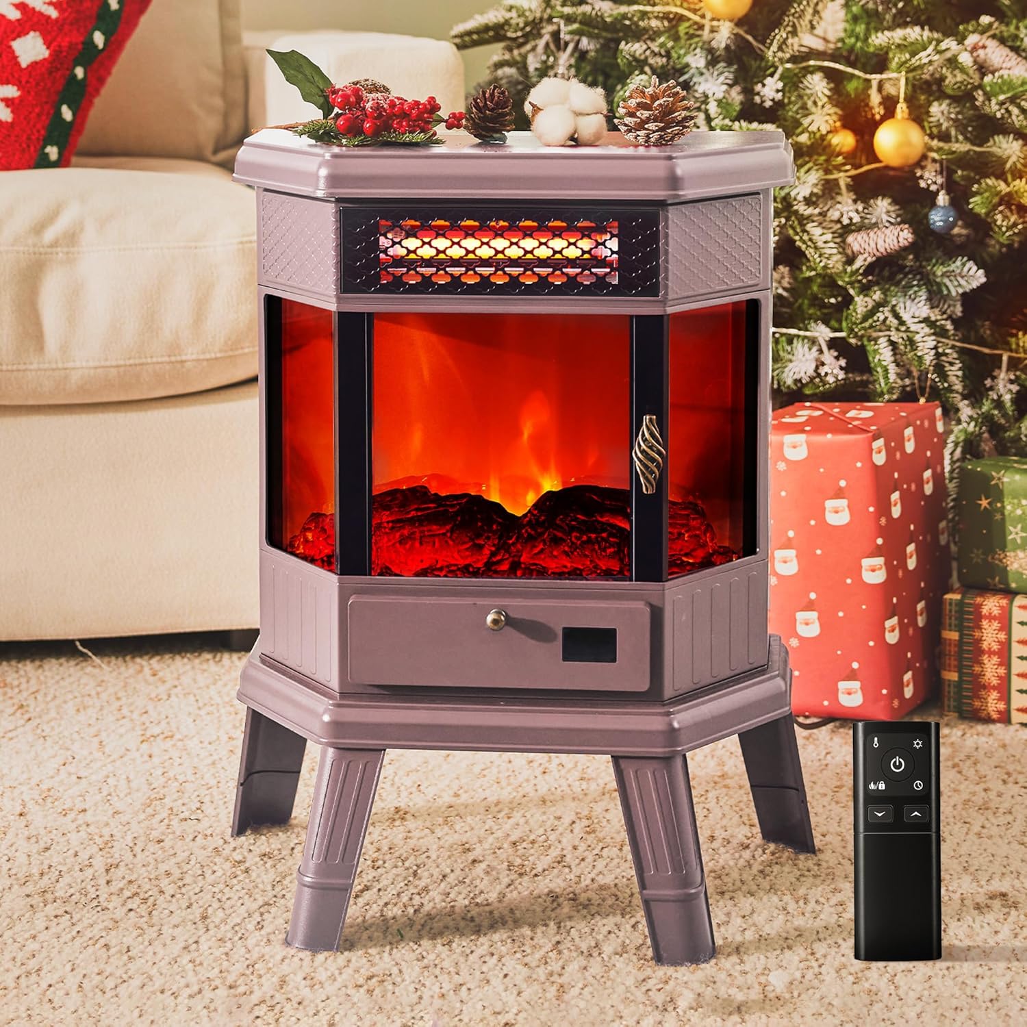 Electric Fireplace Heater 22 in Freestanding Fireplace Stove Infrared Fireplace RealSmart with 3D Flame Effect Remote Control, Timer, Overheating Protection Heater for Indoor Use Black
