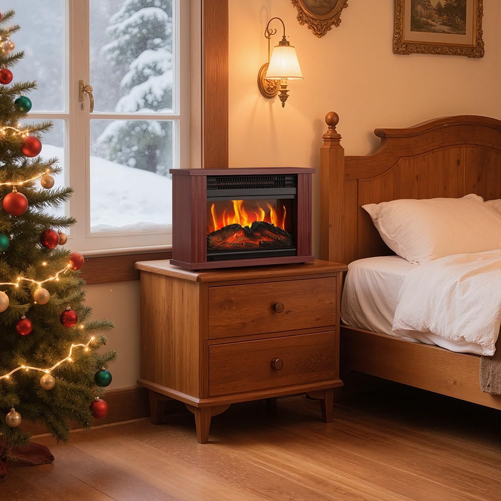 Small Electric Fireplace Heater, LifePlus Mini Wooden Space Tabletop Fireplace with 3D Realistic Flame Effect, Cool and Safe to Touch, Perfect for Study Bedroom Office, Overheating Protection, 1500W