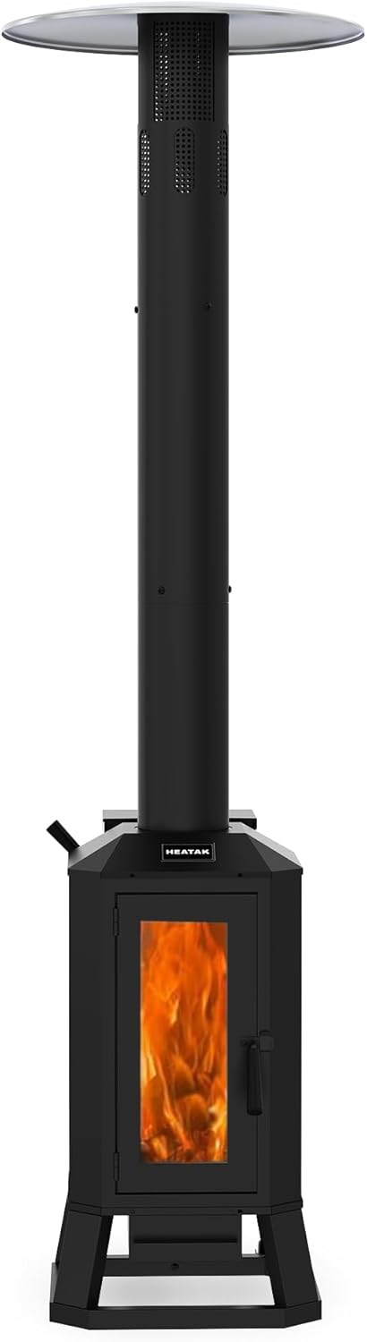 70,000 BTU Wood Pellet Outdoor Patio Heater with Glass Viewing Window – Pellet Heaters for Outdoor Use, Home, Gardens & Commercial - Portable with Wheels – Black