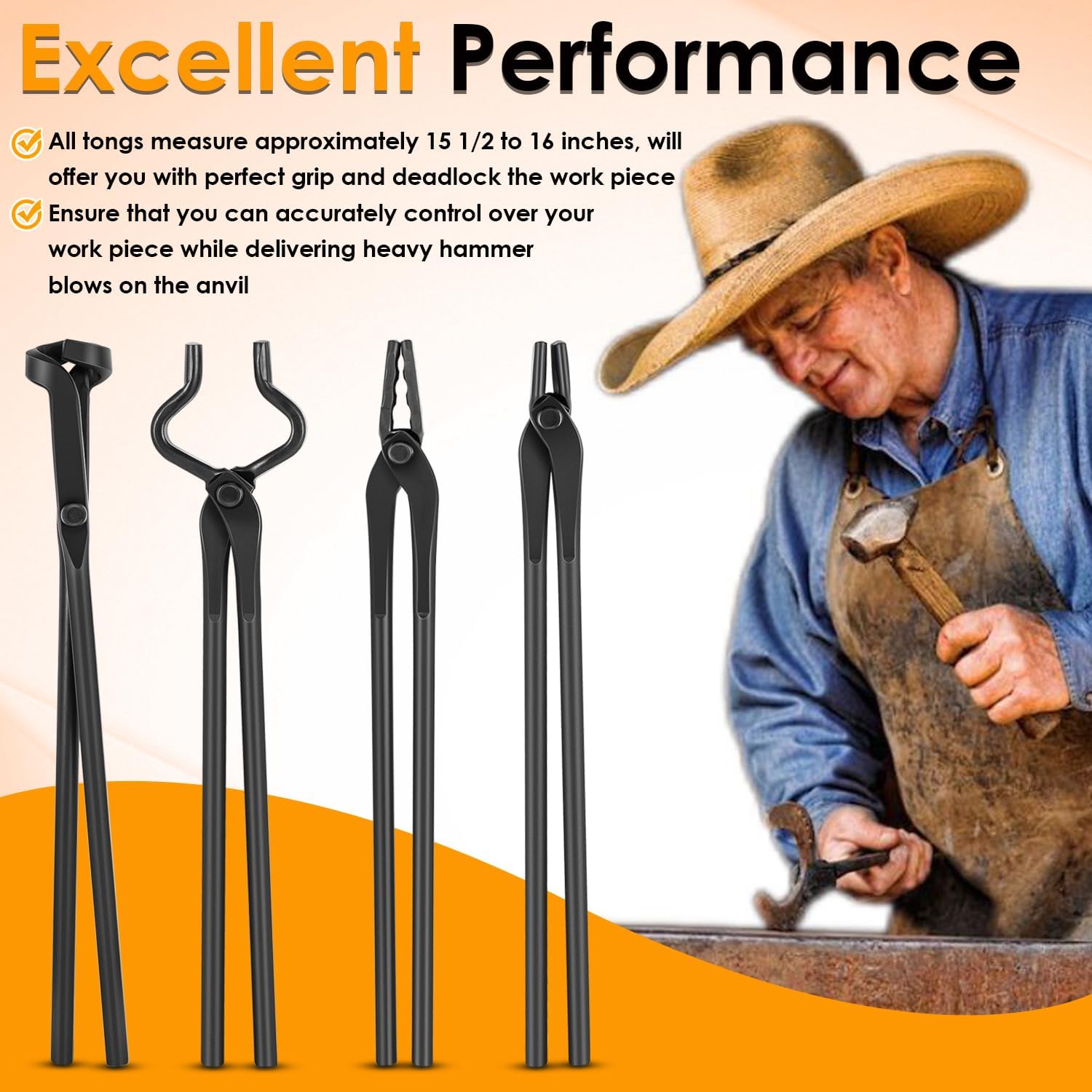 Blacksmith Tongs Knife Making Tongs Set 1/4 Flat Jaw, Pick Up, Scroll Tongs & 3/8 1/2 5/8 V-Bit Assembled Bladesmith Steel Forge Tongs Anvil Blacksmithing Tongs (6 Tongs)