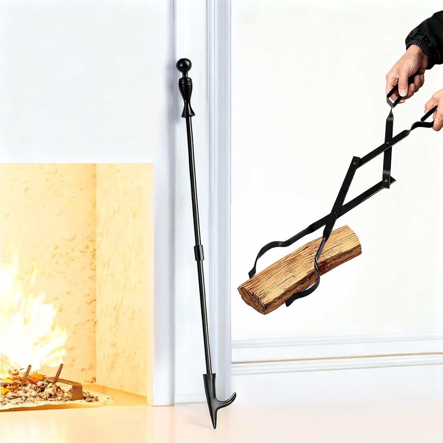 AMAGABELI GARDEN & HOME 26 Long Firewood Tongs Log Grabber for Fireplace Fire Pit Campfire Bonfire for up 12'' Thick Logs Heavy Duty Wrought Iron Outside Outdoor Indoor Wood Stove Fire Place Tools