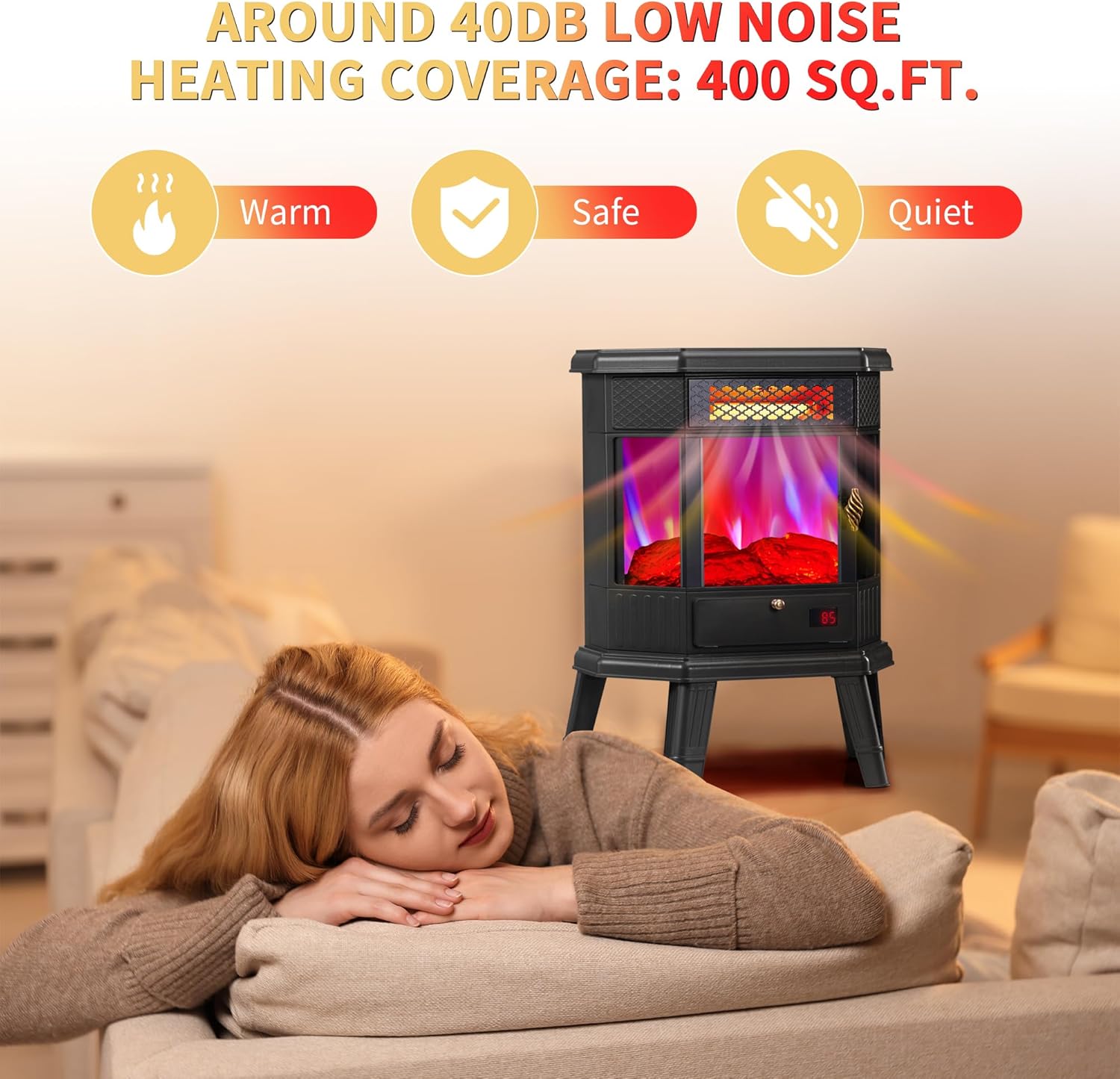 Electric Fireplace Heater 22 in Freestanding Fireplace Stove Infrared Fireplace RealSmart with 3D Flame Effect Remote Control, Timer, Overheating Protection Heater for Indoor Use Black