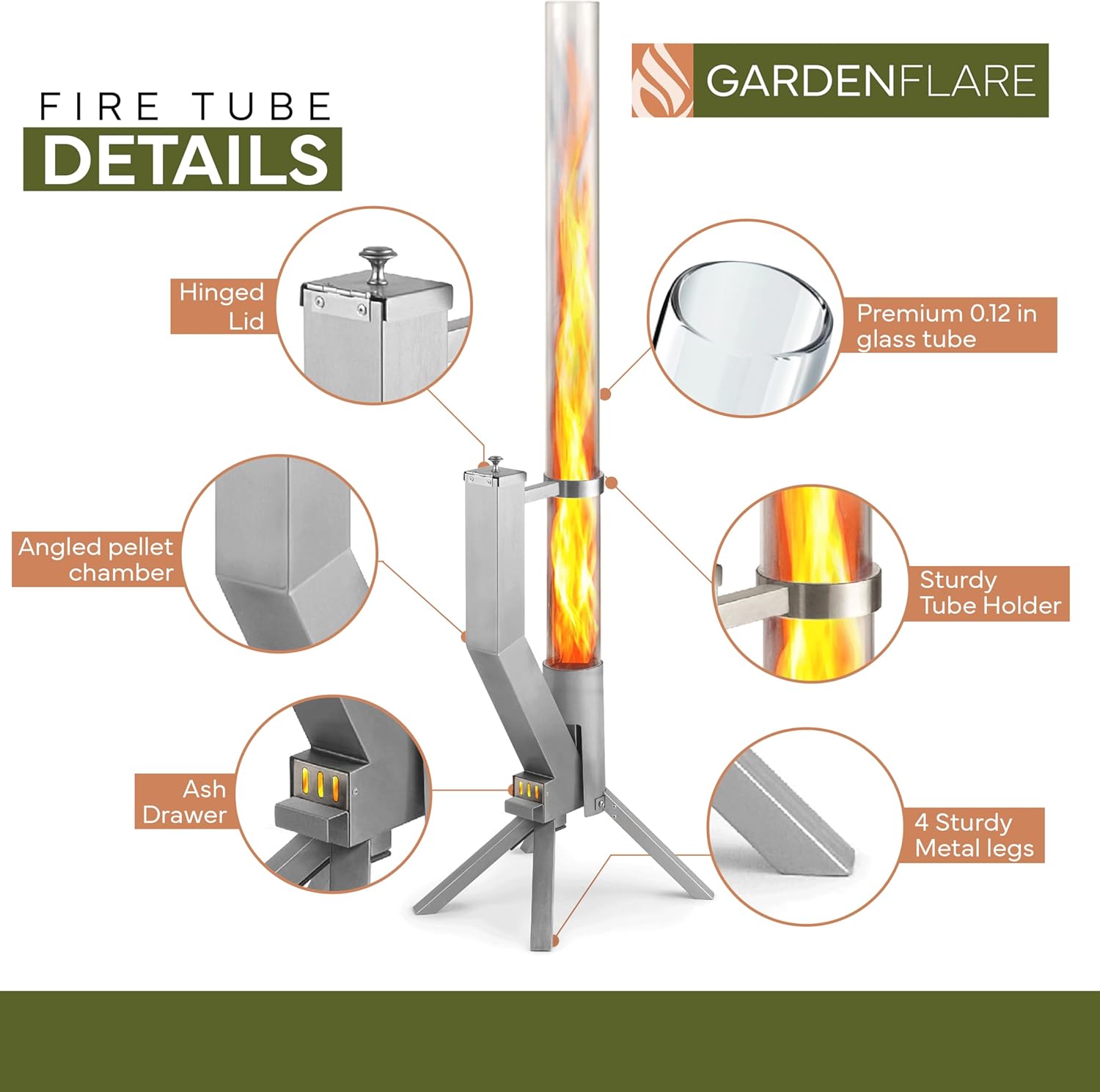 GARDENFLARE Smokeless Fire Pit - Outdoor Wood Pellet Fire Tube Stainless Steel firepit for Ambience Fire on Your Backyard, Patio, Porch & Garden (Matte Black, Classic)