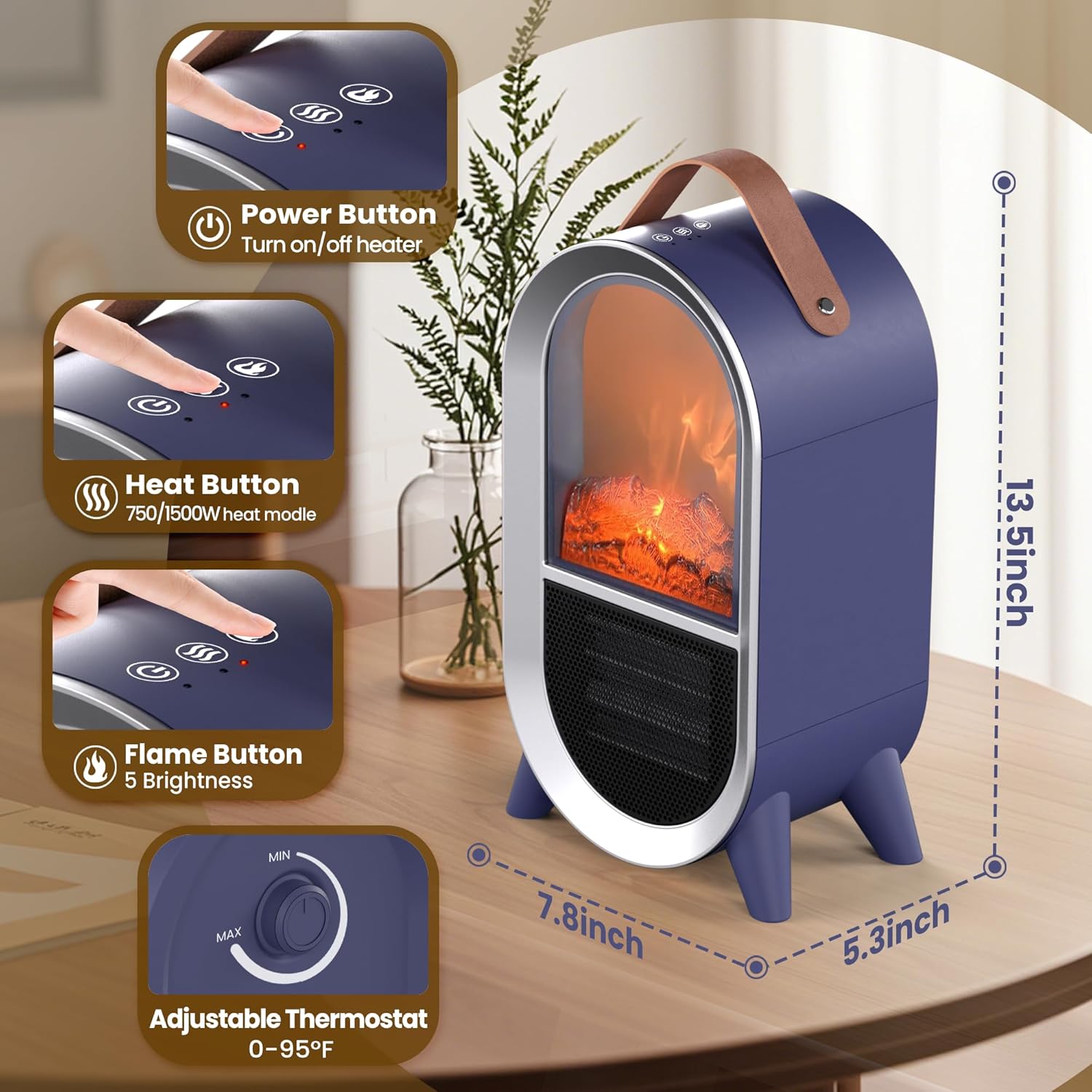 Riseon Portable Electric Fireplace Heater, 1500W/750W Mini Space Heater for Indoor Use with 3D Flame, Thermostat, Carry Handle, Overheat & Tipover Protection, for Home Office Bedroom Desk, Black
