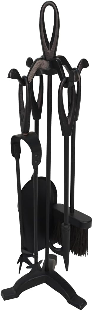 Calidola 4-Piece Fireplace Tool Set, Classic Cast Iron Handle & Base Poker Set, 55cm H, Includes Shovel, Poker, Brush, Tongs, 3-Foot Stable Stand, Black Finish