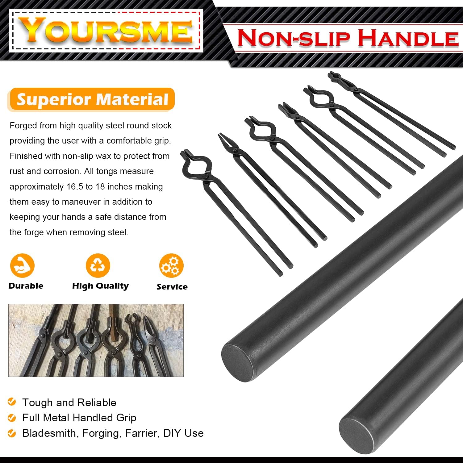 Blacksmith Tongs Knife Making Tongs Set 1/4 Flat Jaw, Pick Up, Scroll Tongs & 3/8 1/2 5/8 V-Bit Assembled Bladesmith Steel Forge Tongs Anvil Blacksmithing Tongs (6 Tongs)