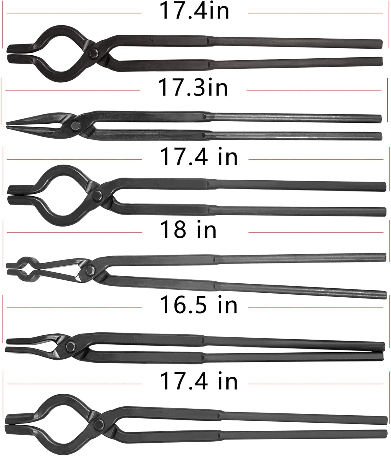 Blacksmith Tongs Knife Making Tongs Set 1/4 Flat Jaw, Pick Up, Scroll Tongs & 3/8 1/2 5/8 V-Bit Assembled Bladesmith Steel Forge Tongs Anvil Blacksmithing Tongs (6 Tongs)