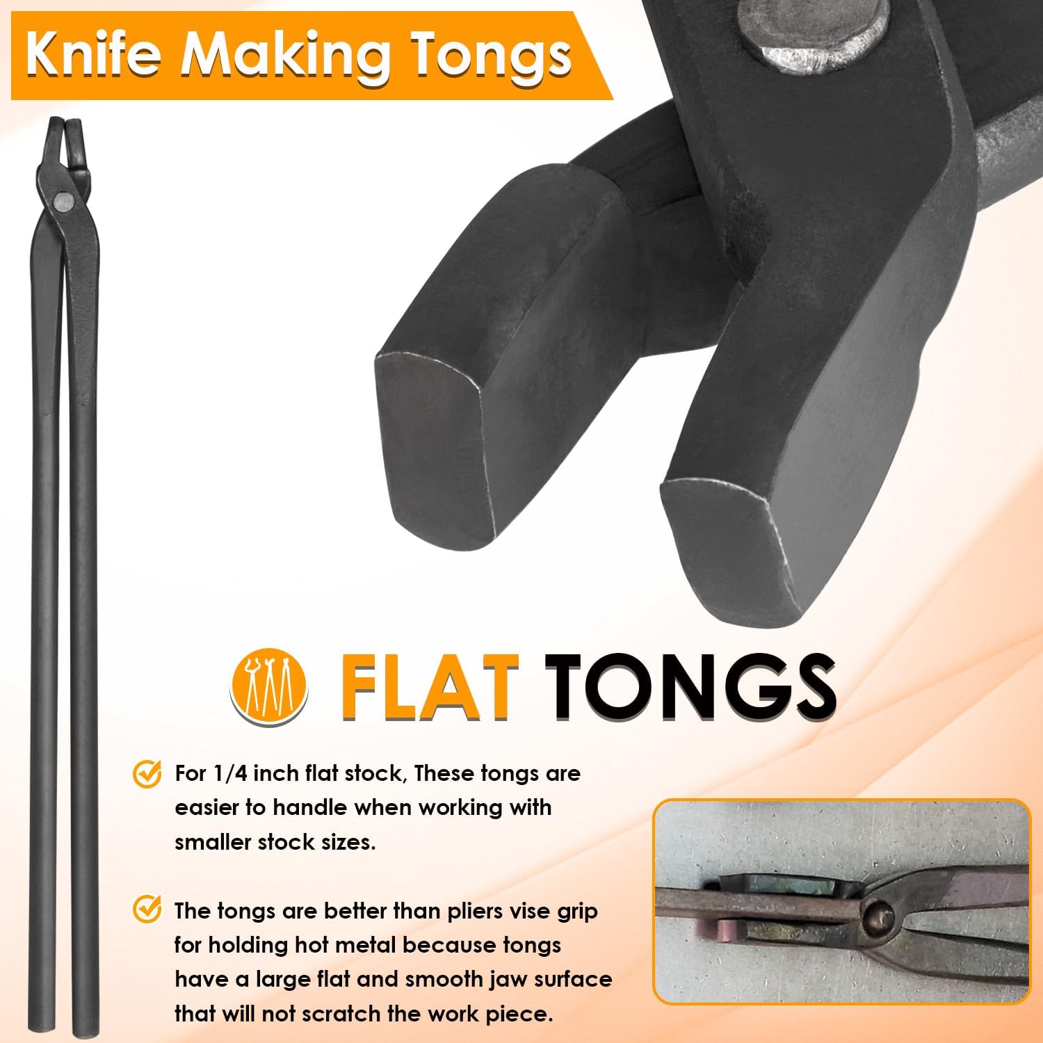 Blacksmith Tongs Knife Making Tongs Set 1/4 Flat Jaw, Pick Up, Scroll Tongs & 3/8 1/2 5/8 V-Bit Assembled Bladesmith Steel Forge Tongs Anvil Blacksmithing Tongs (6 Tongs)