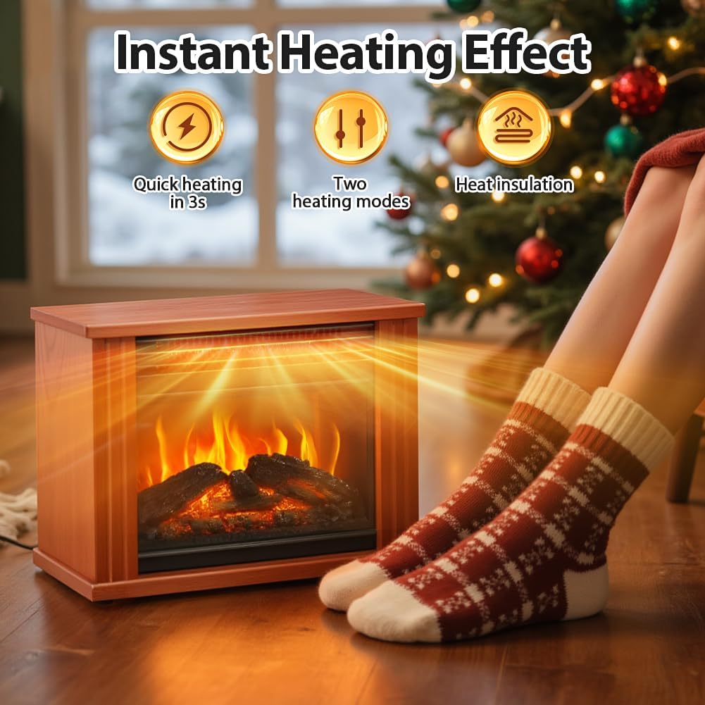 Small Electric Fireplace Heater, LifePlus Mini Wooden Space Tabletop Fireplace with 3D Realistic Flame Effect, Cool and Safe to Touch, Perfect for Study Bedroom Office, Overheating Protection, 1500W