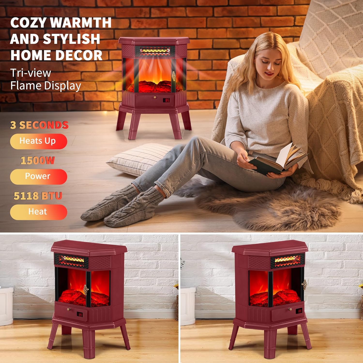 Electric Fireplace Heater 22 in Freestanding Fireplace Stove Infrared Fireplace RealSmart with 3D Flame Effect Remote Control, Timer, Overheating Protection Heater for Indoor Use Black