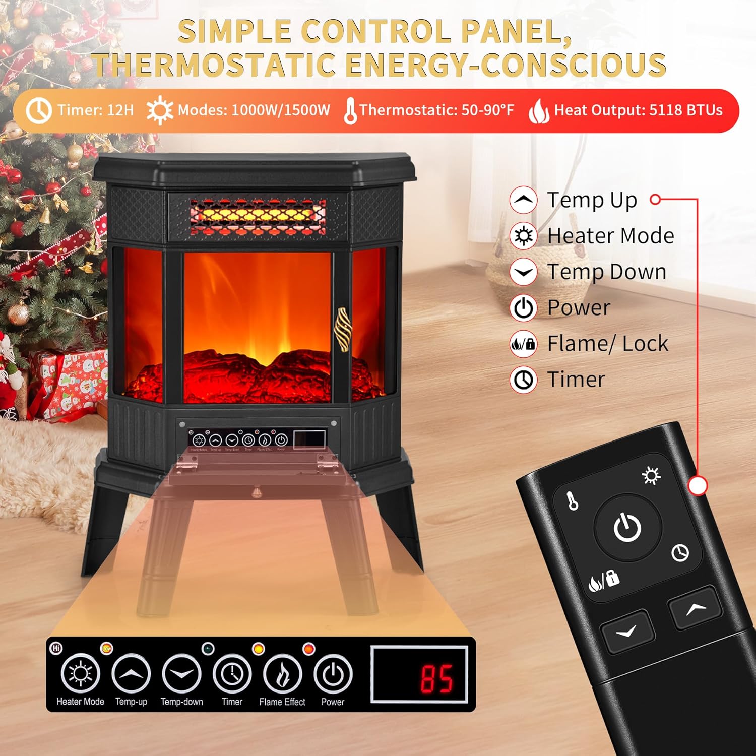 Electric Fireplace Heater 22 in Freestanding Fireplace Stove Infrared Fireplace RealSmart with 3D Flame Effect Remote Control, Timer, Overheating Protection Heater for Indoor Use Black