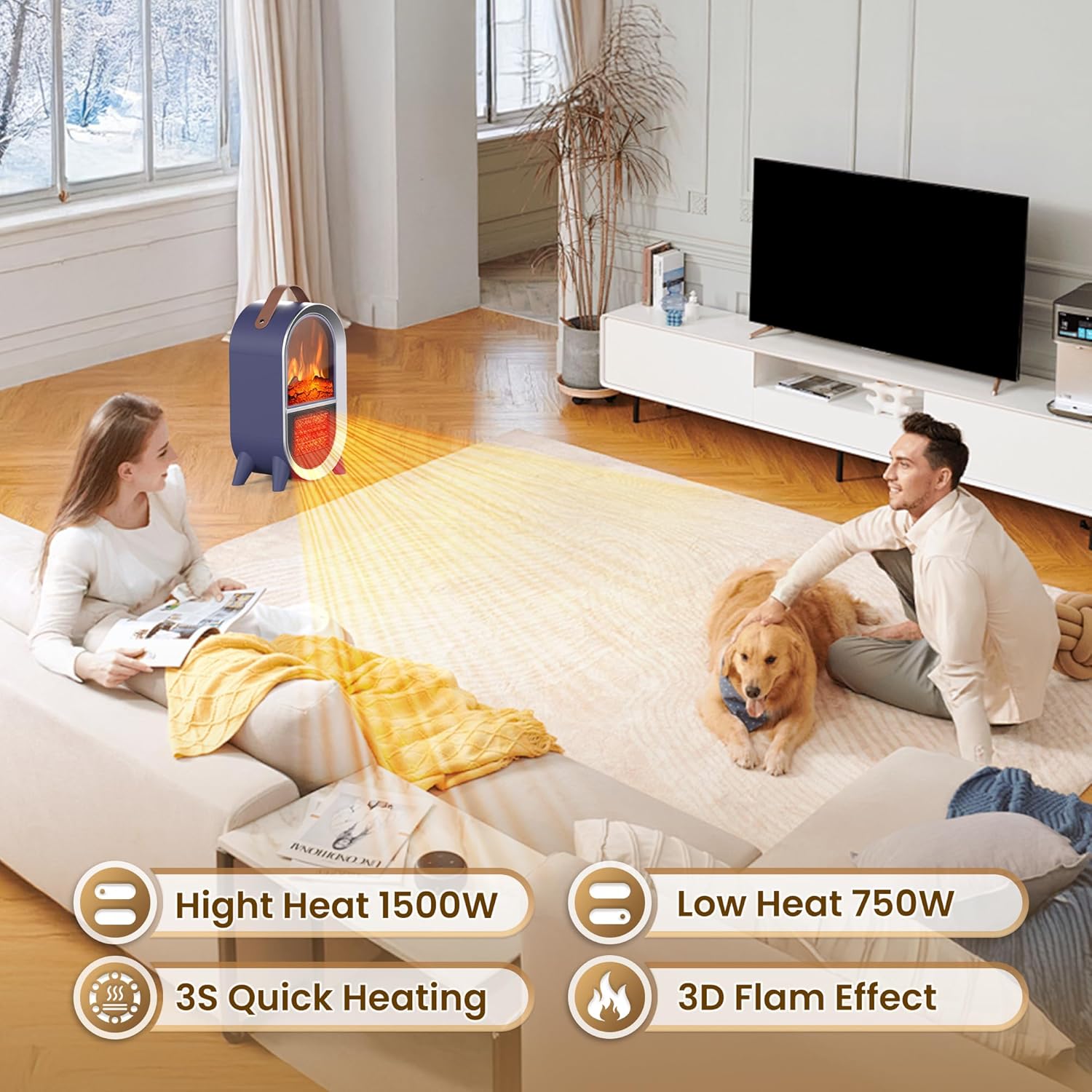 Riseon Portable Electric Fireplace Heater, 1500W/750W Mini Space Heater for Indoor Use with 3D Flame, Thermostat, Carry Handle, Overheat & Tipover Protection, for Home Office Bedroom Desk, Black