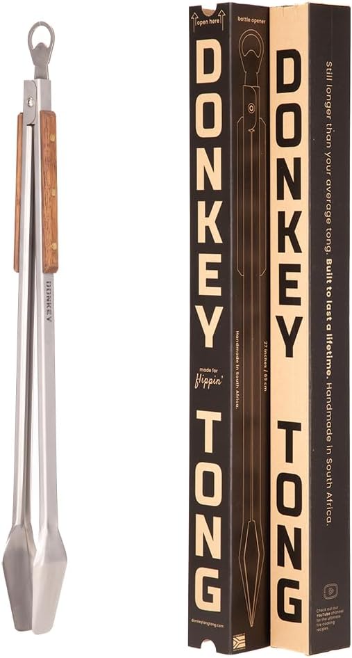 BBQ Tongs 27 inch Long Grill Tongs - Donkey Tong - Stainless Steel, Locking Tongs, Bottle Opener, Wooden Handles, Premium Tongs - Donkey Long Tong