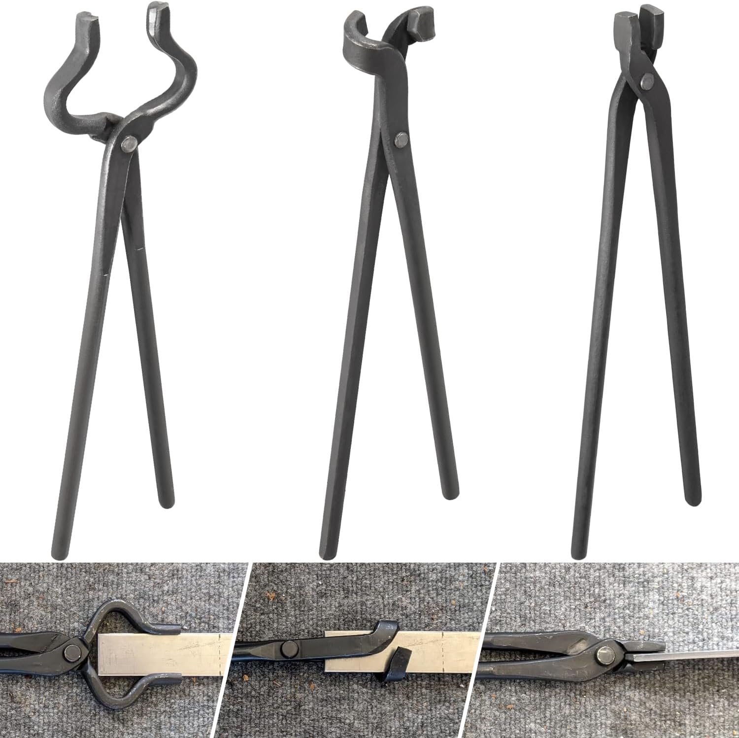 Blacksmith Tongs Knife Making Tongs Set 1/4 Flat Jaw, Pick Up, Scroll Tongs & 3/8 1/2 5/8 V-Bit Assembled Bladesmith Steel Forge Tongs Anvil Blacksmithing Tongs (6 Tongs)