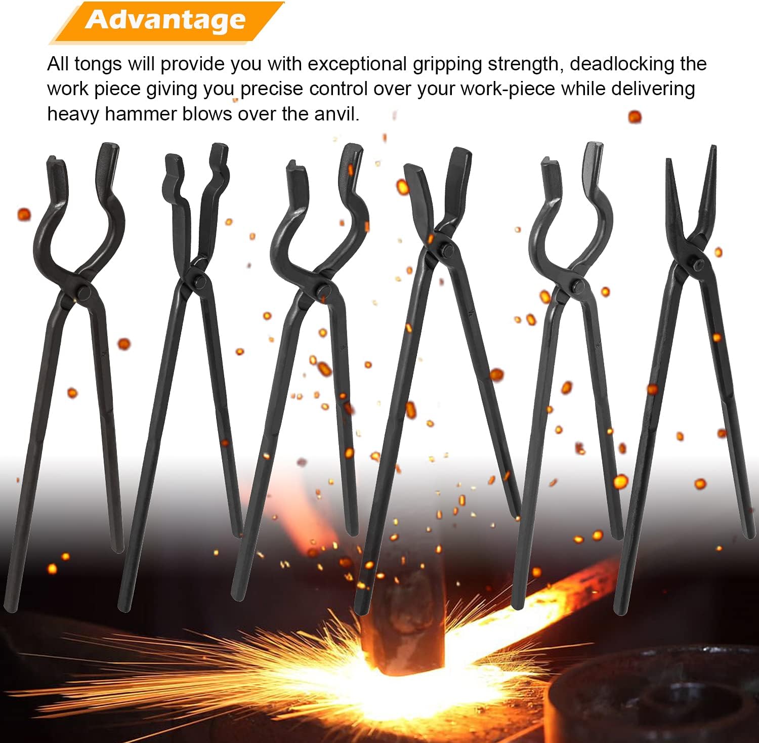 Blacksmith Tongs Knife Making Tongs Set 1/4 Flat Jaw, Pick Up, Scroll Tongs & 3/8 1/2 5/8 V-Bit Assembled Bladesmith Steel Forge Tongs Anvil Blacksmithing Tongs (6 Tongs)
