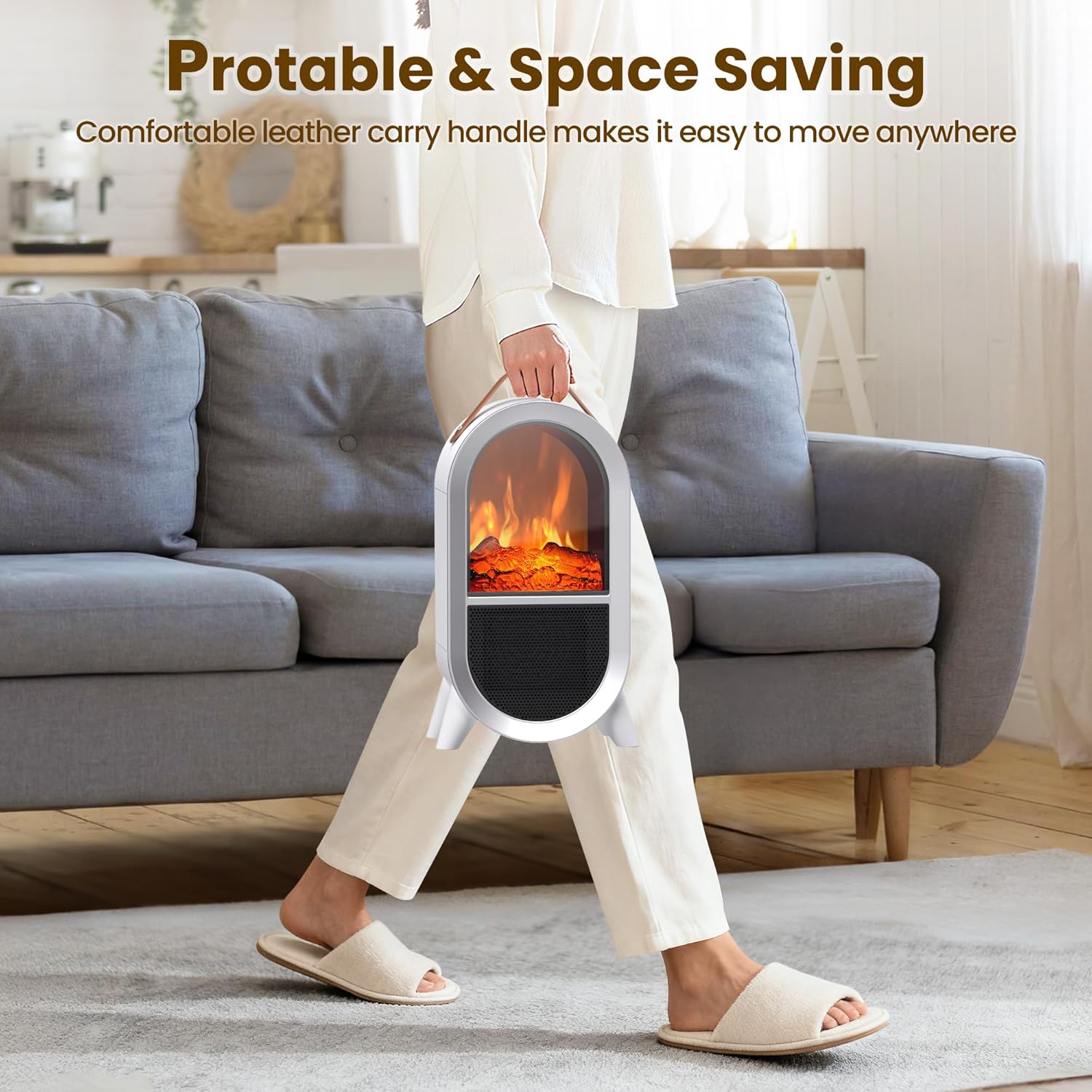 Riseon Portable Electric Fireplace Heater, 1500W/750W Mini Space Heater for Indoor Use with 3D Flame, Thermostat, Carry Handle, Overheat & Tipover Protection, for Home Office Bedroom Desk, Black