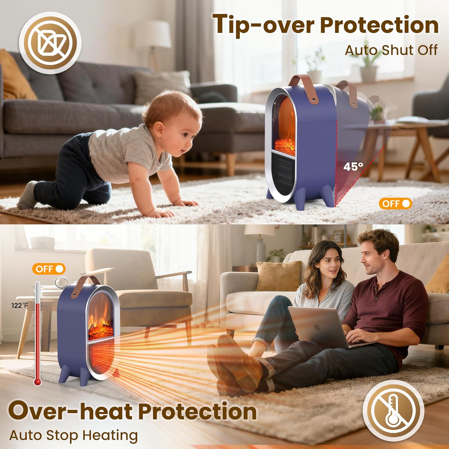 Riseon Portable Electric Fireplace Heater, 1500W/750W Mini Space Heater for Indoor Use with 3D Flame, Thermostat, Carry Handle, Overheat & Tipover Protection, for Home Office Bedroom Desk, Black