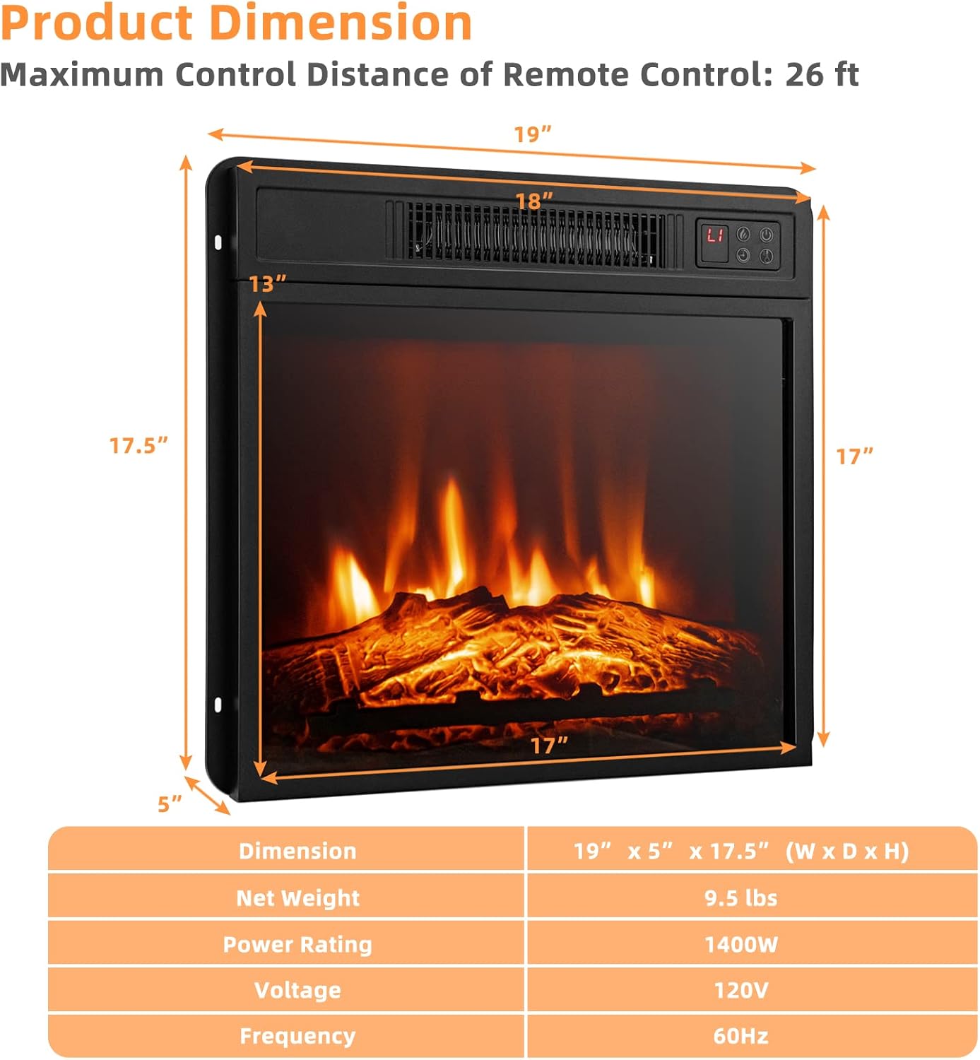 Tangkula 18 Inches Electric Fireplace Insert, Recessed 1400 W Electric Fireplace w/Adjustable Flame & Heat, Built-in Timer & Thermostat, Control Panel & Remote and Overheat Protection, Black