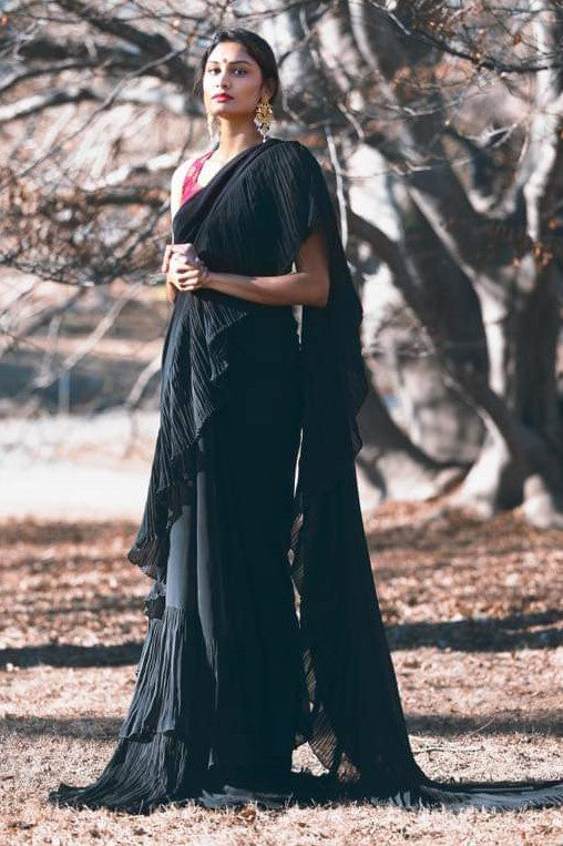 Buy Black Lycra Embroidery Sweetheart Neck Ruffle Saree With Blouse For  Women by PARUL GANDHI Online at Aza Fashions. | Ruffle saree, Blouses for  women, Fashion