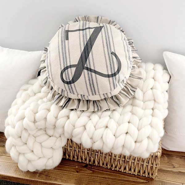 Ruffled Feedsack Monogrammed Pouf Pillow