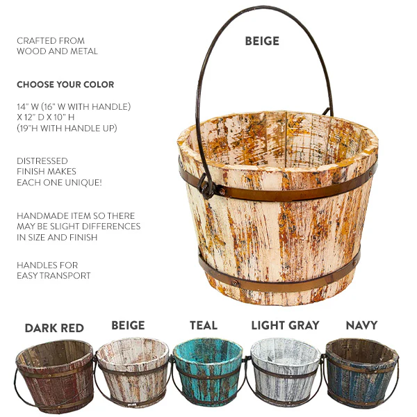 Antiqued Finish Wooden Bucket with Handles, Pick Your Color