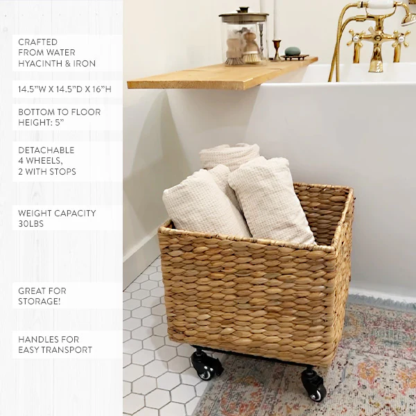 Large Water Hyacinth Woven Basket with Detachable Wheels