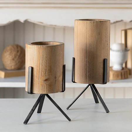 Natural Wood Vases with Stands, Set of 2