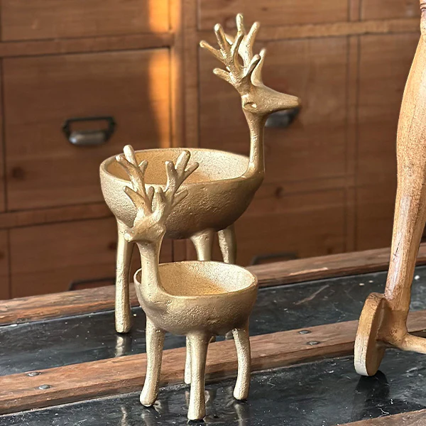 Gold Metal Reindeer Figurine Bowl, Set of 2