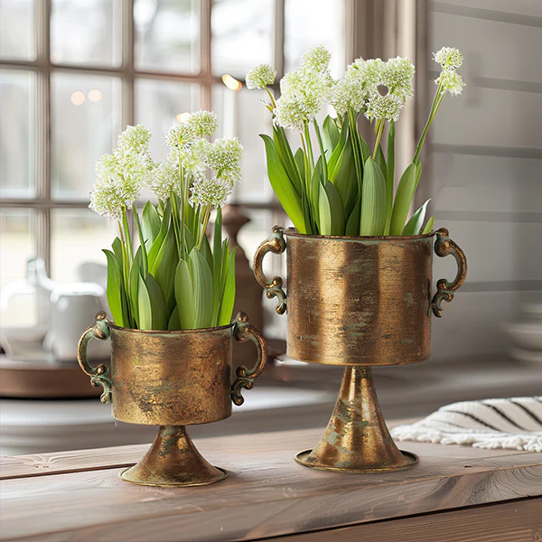 Antique Copper Finish Planter Urns, Set of 2