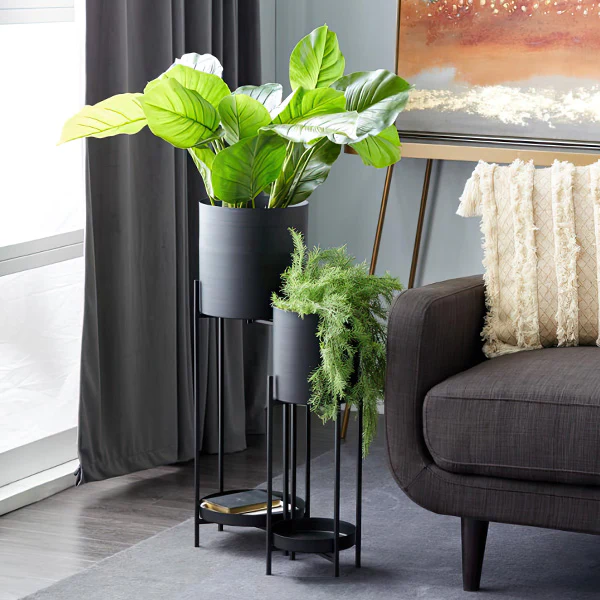 Tall Matte Black Metal Planters on Stands, Set of 2