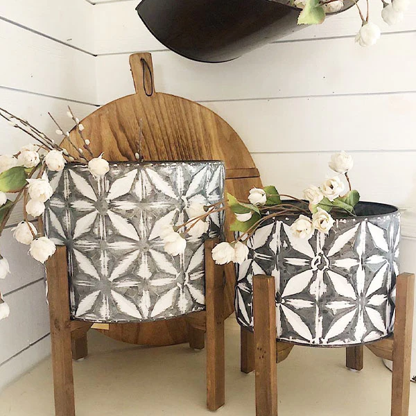 Metal Planters | Embossed Set of 2 with Stands