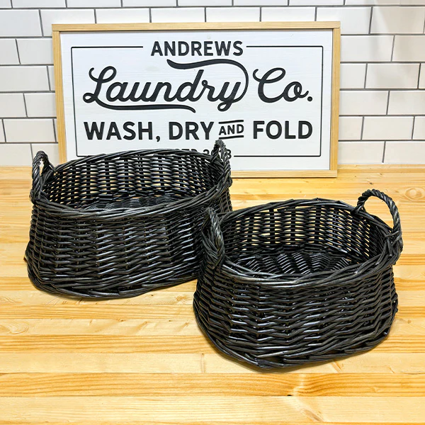 Black Rattan Storage Baskets, Set of Two