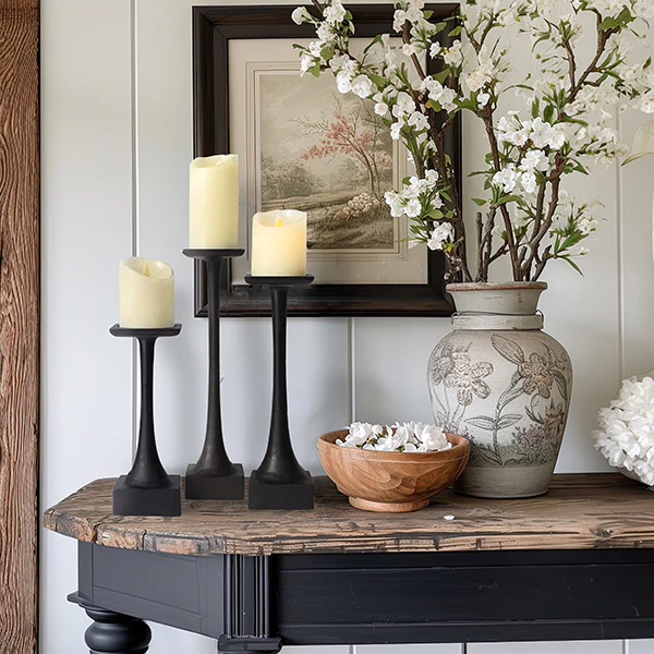 Tapered Black Metal Pillar Candle Holders, Set of 3