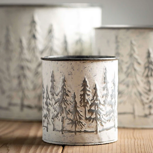 Snowy Tree Embossed Metal Christmas Planters, Set of 3