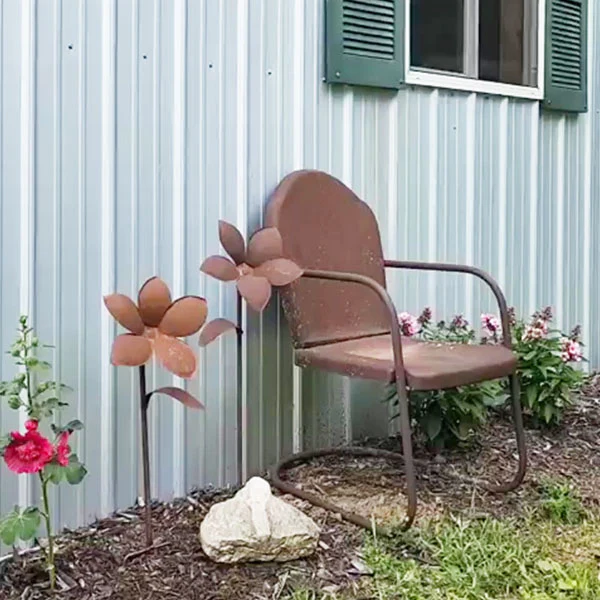 HUGE Rusted Patina Metal Flower Garden Stakes, Set of 2