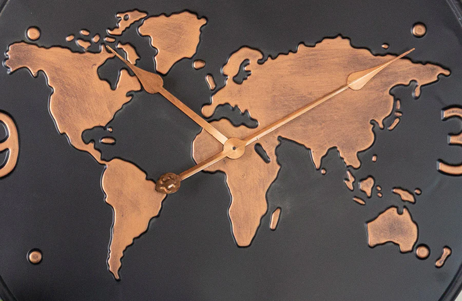World Map Wall Clock with Copper Numbers