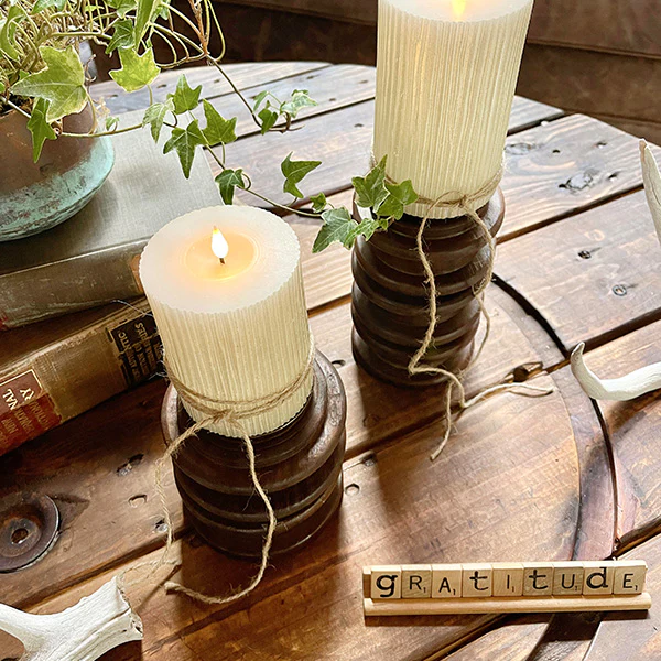 FOUND Repurposed Yarn Spool Antique Candle Holders, Set of 2