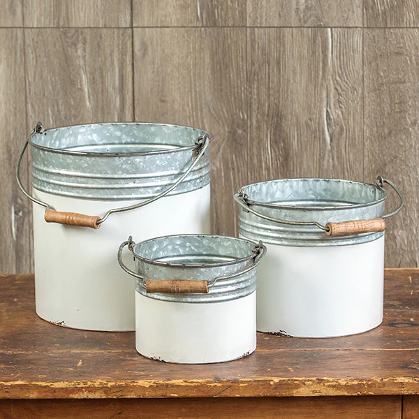Galvanized Metal and White Buckets, Set of 3