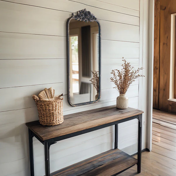 Antique Inspired Rectangular Metal Mirror with Flowers