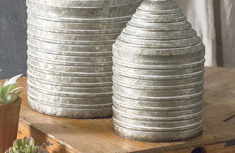 Galvanized Metal Ribbed Canisters  Set of 2