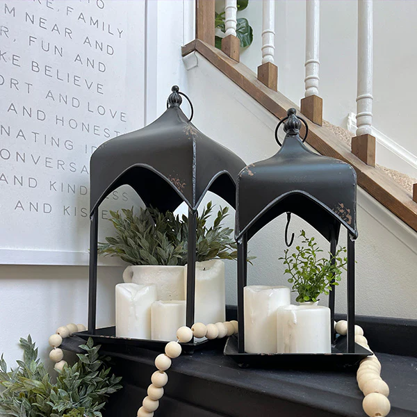 Distressed Black Iron Hanging Lanterns, Set of 2