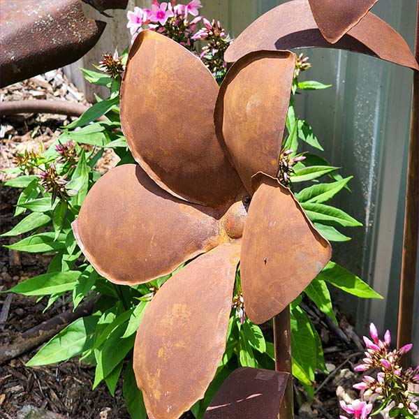 HUGE Rusted Patina Metal Flower Garden Stakes, Set of 2