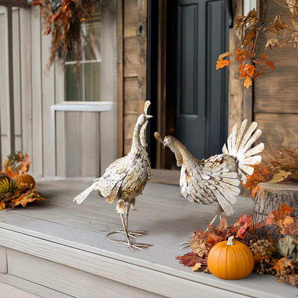 Distressed White Metal Turkeys, Set of Two