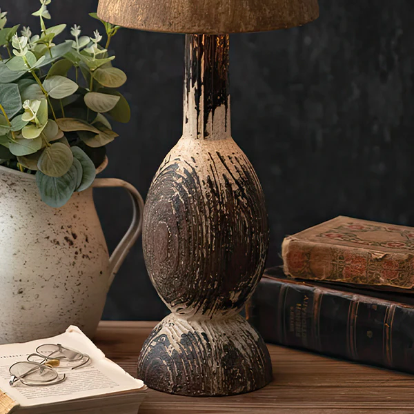 Distressed Wooden Lamp with Copper Shade
